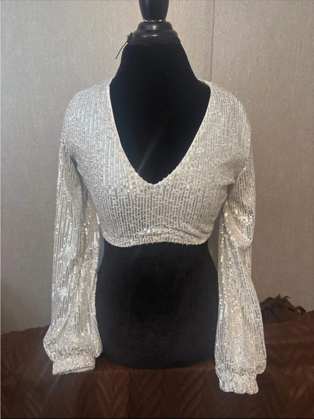 CBR Silver Sequin Cropped V-Neck Top